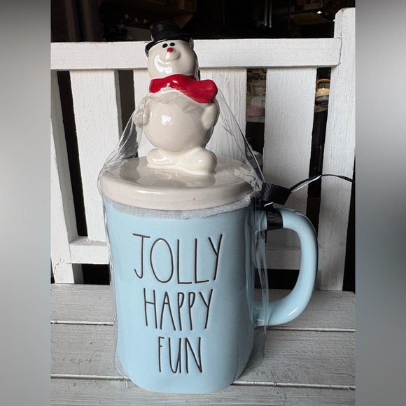 Rae Dunn Light Blue Jolly Happy Fun Mug with Snowman Lid - Picture 1 of 3